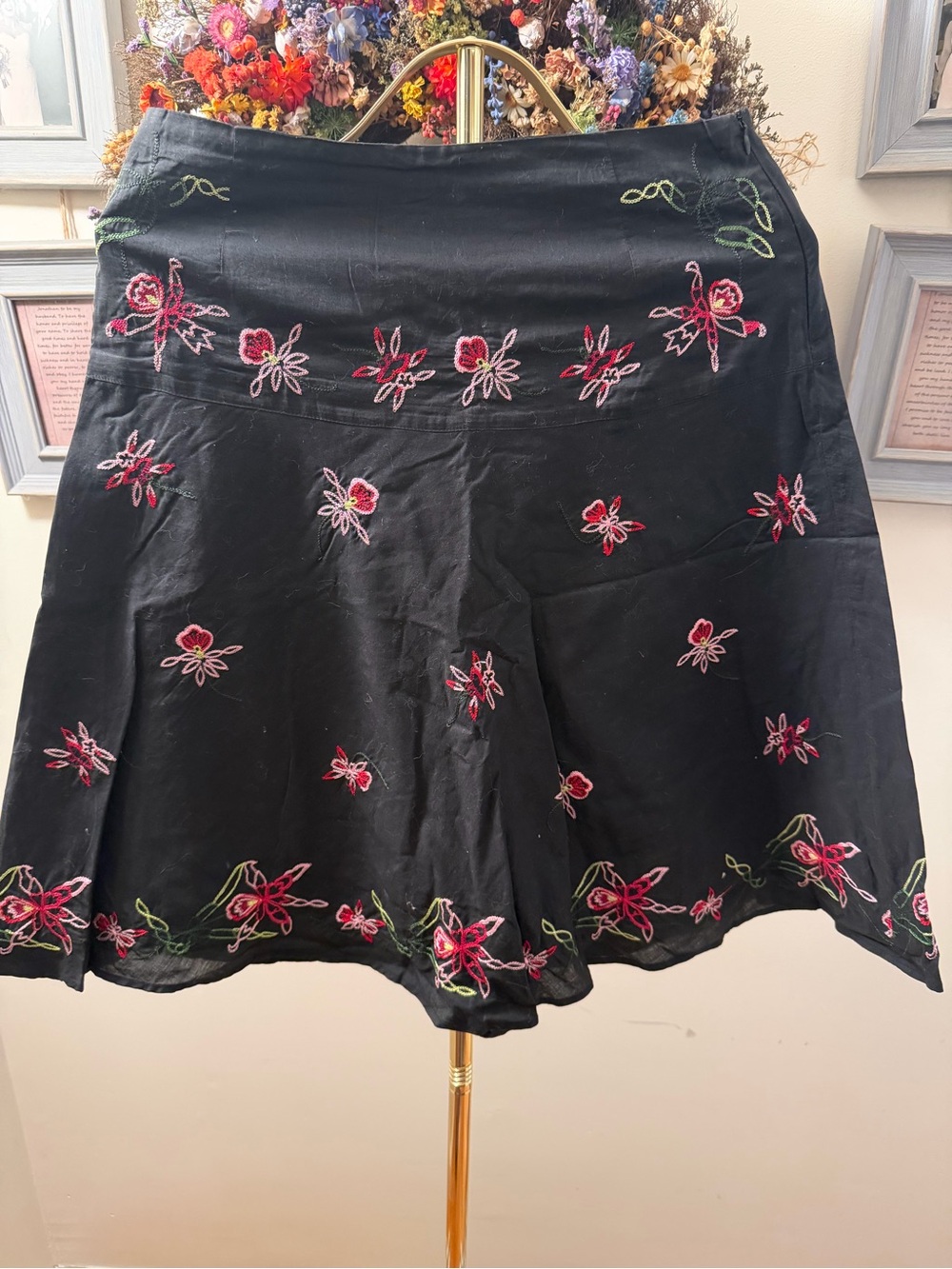 Autograph Black Skater Skirt with Pink & Green Floral Embroidery